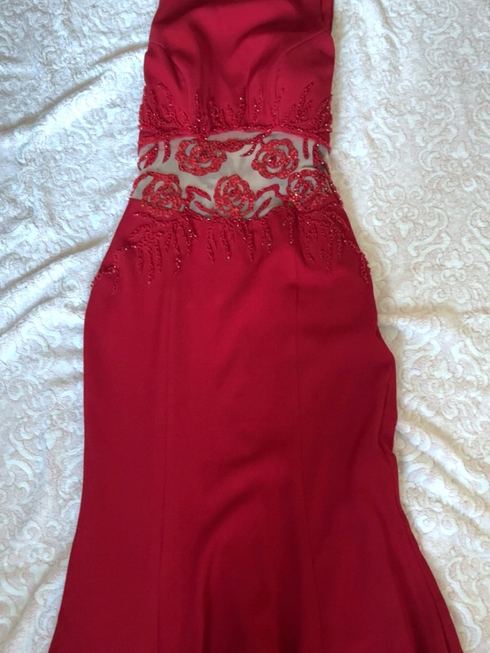 Red Embroidered Mesh Waist Evening Dress